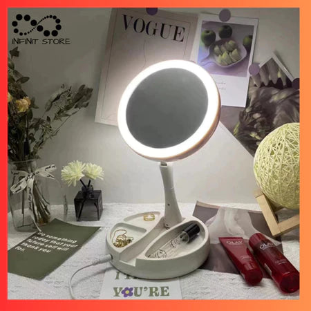 Espelho De Maquiagem LED Dobrável Portátil Com 10x De Aumento