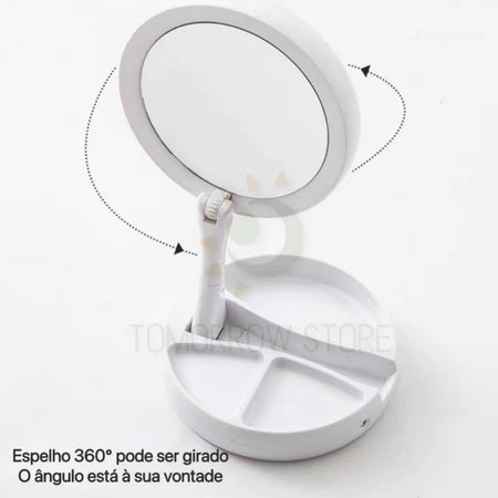Espelho De Maquiagem LED Dobrável Portátil Com 10x De Aumento