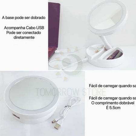 Espelho De Maquiagem LED Dobrável Portátil Com 10x De Aumento