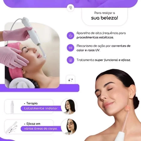 Aparelho Alta Frequência Portátil Para Limpeza De Pele Tratamento Facial e Capilar 4 Eletrodos Eletroterapia Bivolt